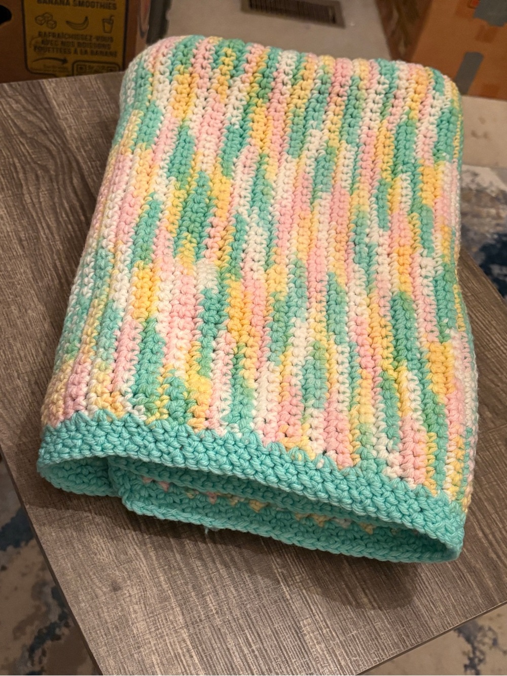 Handmade Crocheted Baby Blanket in Pastel Mint, Pink & Yellow